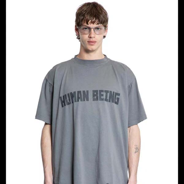 25년 발렌시아가 Human Being 로고 특수워싱 반팔 티셔츠 0506