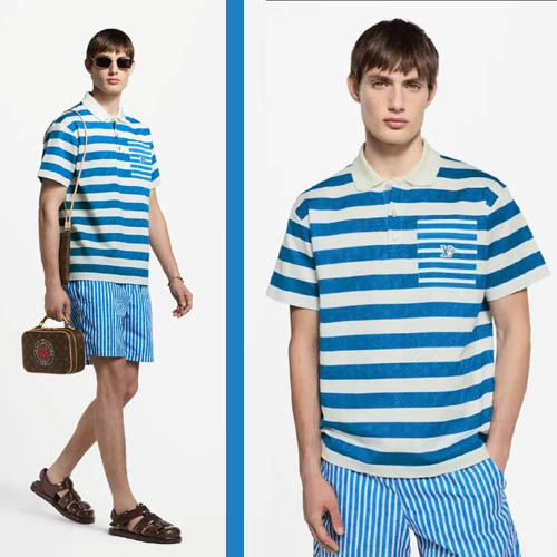 루이비통 블루 화이트 모노그램 스트라이프 폴로 반팔 티셔츠 0320